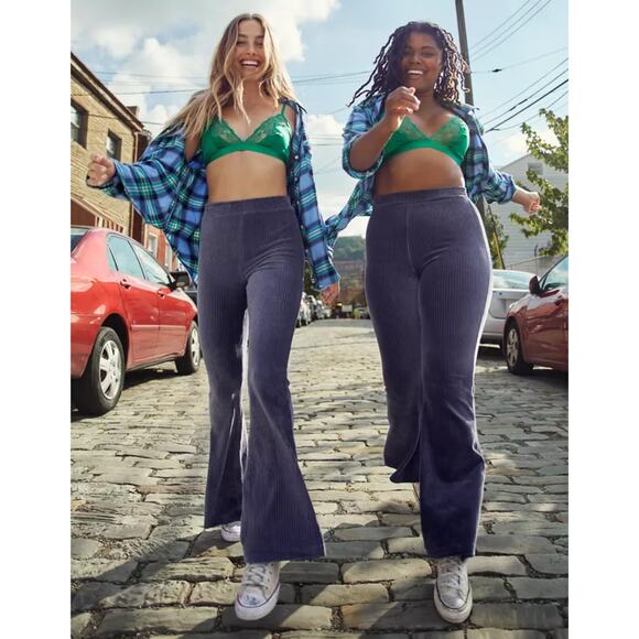 Aerie Pants - AERIE Pants L Blue Corduroy Flare Wide Stretch Pull-Up